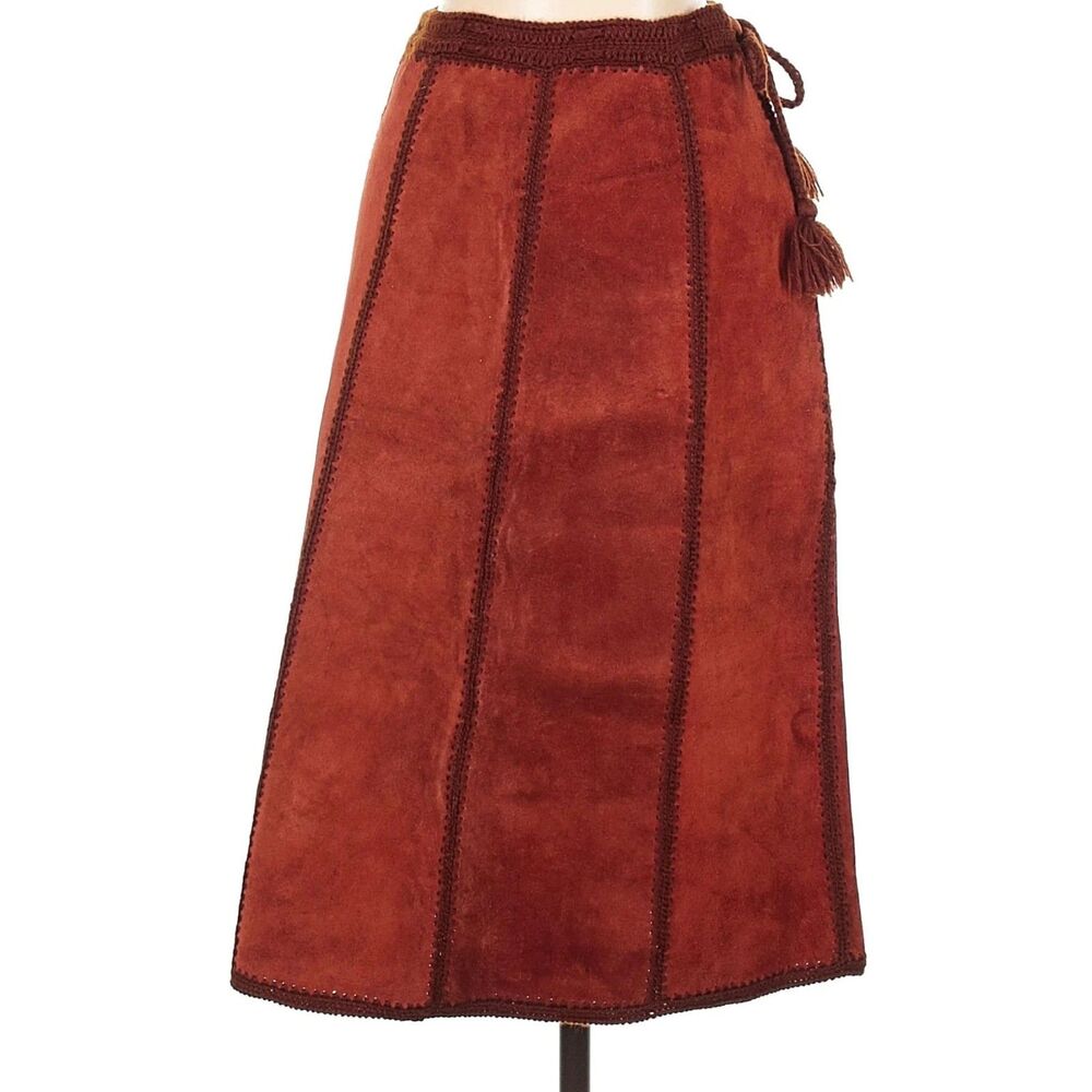 Vintage Red Suede Midi Skirt Chunky Knit Boho Dark Academia Size 0 - Picture 9 of 10